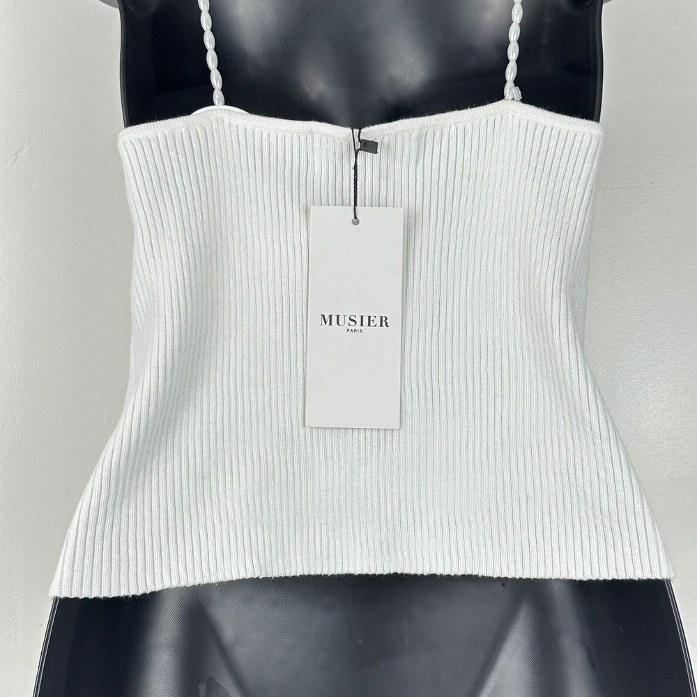 NWT Musier Paris Women's Pearls Ribbed Cropped Top Shirt Size 42 White - Picture 9 of 15